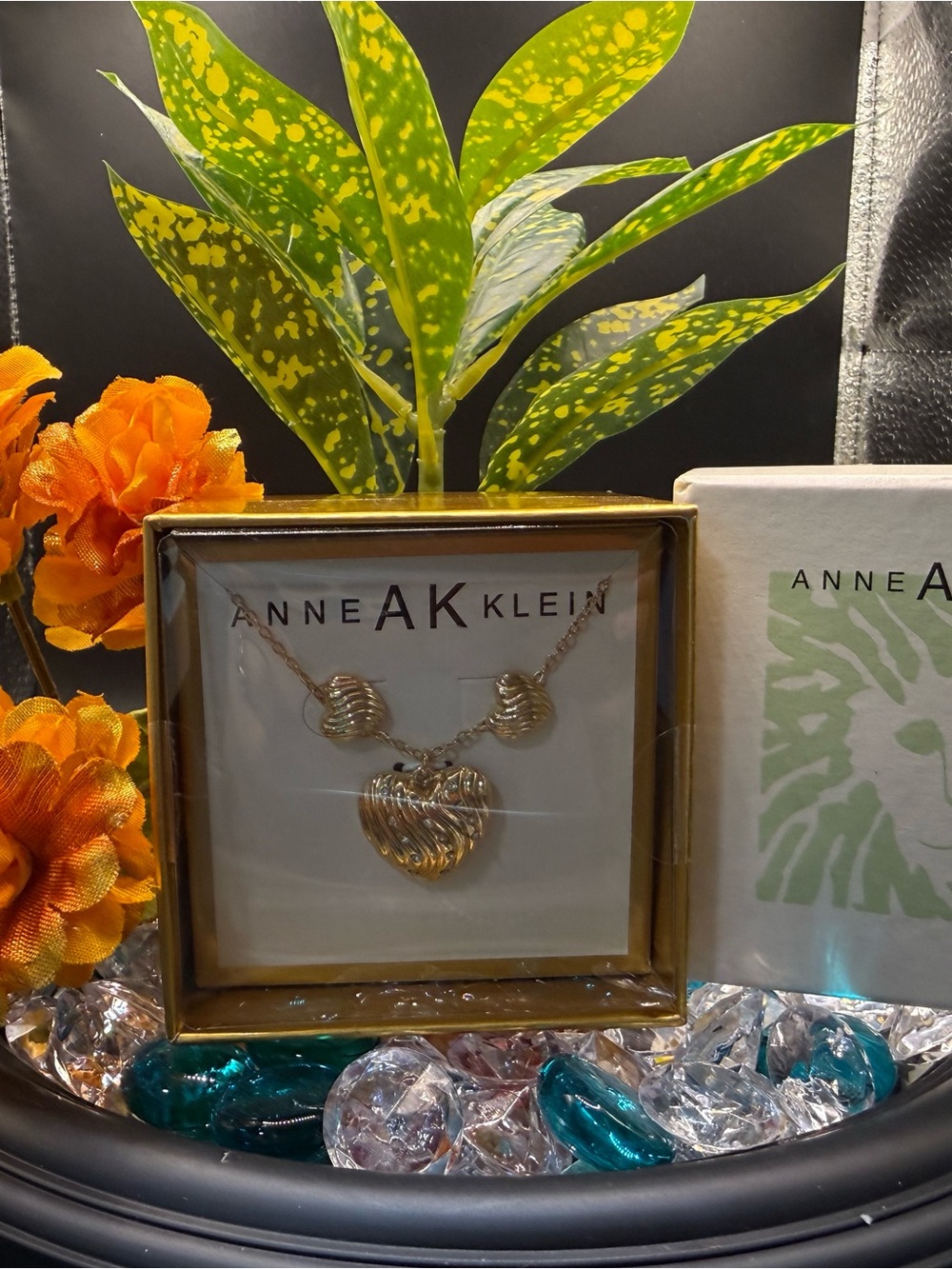 Anne Klein Gold Heart Pendant Necklace with Matching Earrings